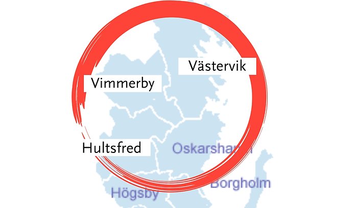 Regionalt samarbete gällande yrkesutbildningar mellan Vimmerby Lärcenter, Hultsfred Lärcenter och Komvux Västervik. En rund röd ring med kommunerna inom ringen.